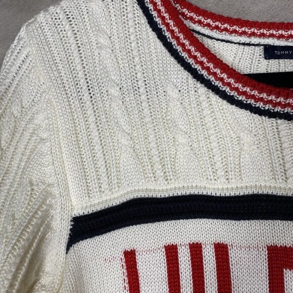 Tommy Hilfiger Cable Knit Sweater Dress Ivory Red Spell Out Logo Chunky - Picture 5 of 10